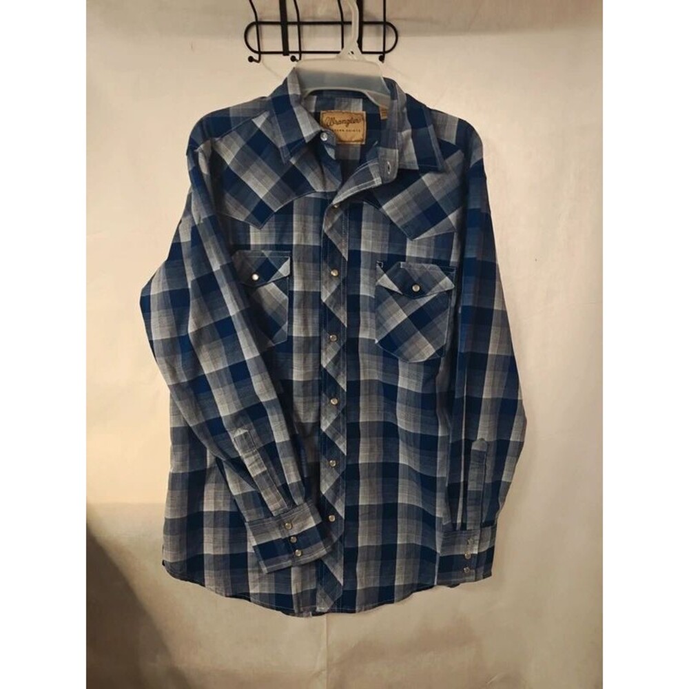 Wrangler Men’s Blue Plaid Long Sleeve Pearl Snap Western Shirt Size M